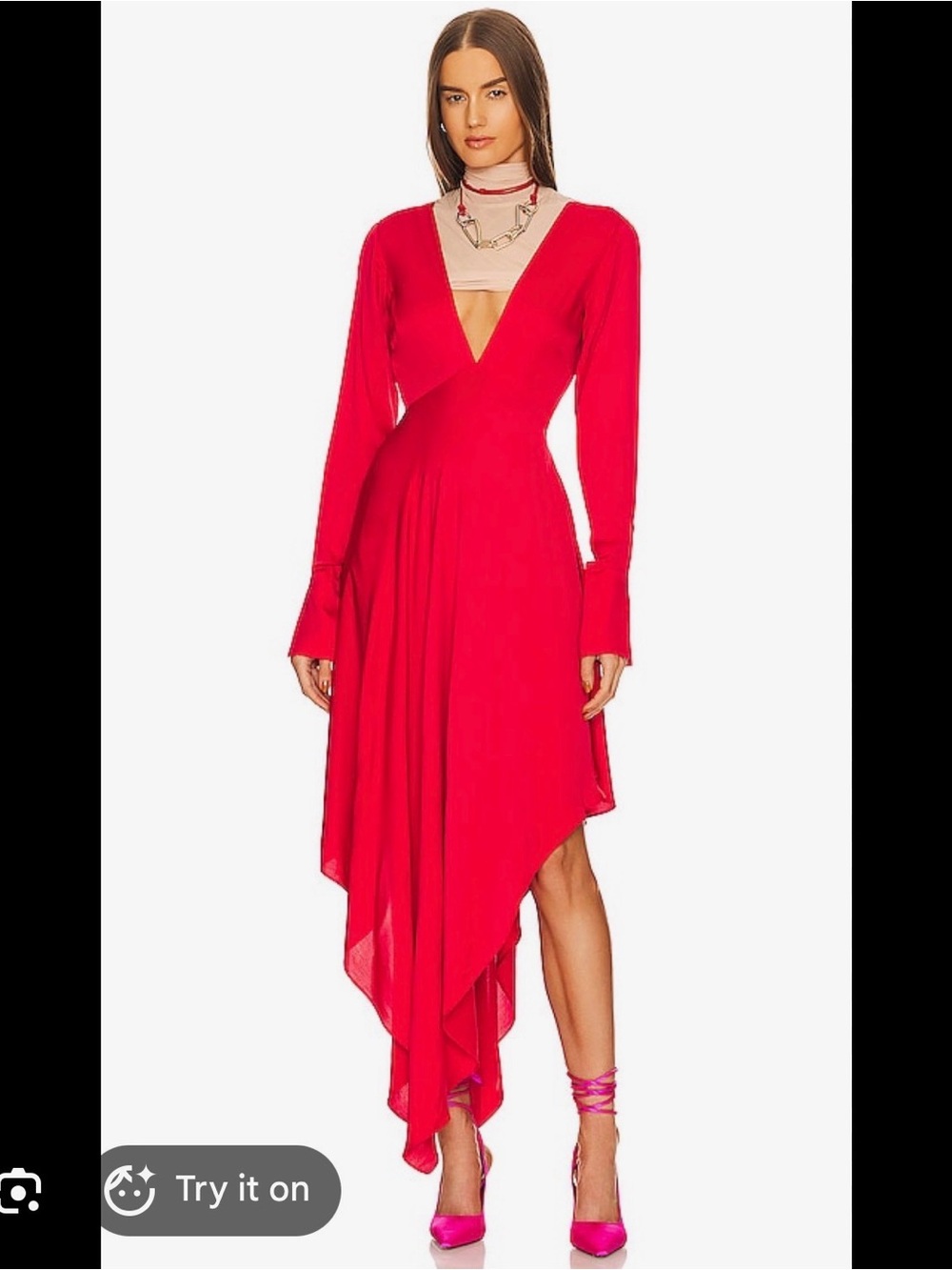 L'Academie Vibrant Red Asymmetrical V-Neck Dress